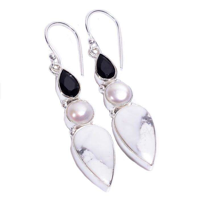 Natural Howlite White Pearl Black Onyx Gemstone set in 925 Sterling Silver Plated Handmade Earrings