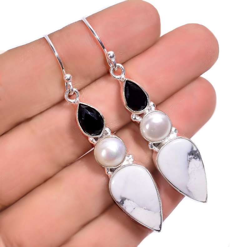 Natural Howlite White Pearl Black Onyx Gemstone set in 925 Sterling Silver Plated Handmade Earrings