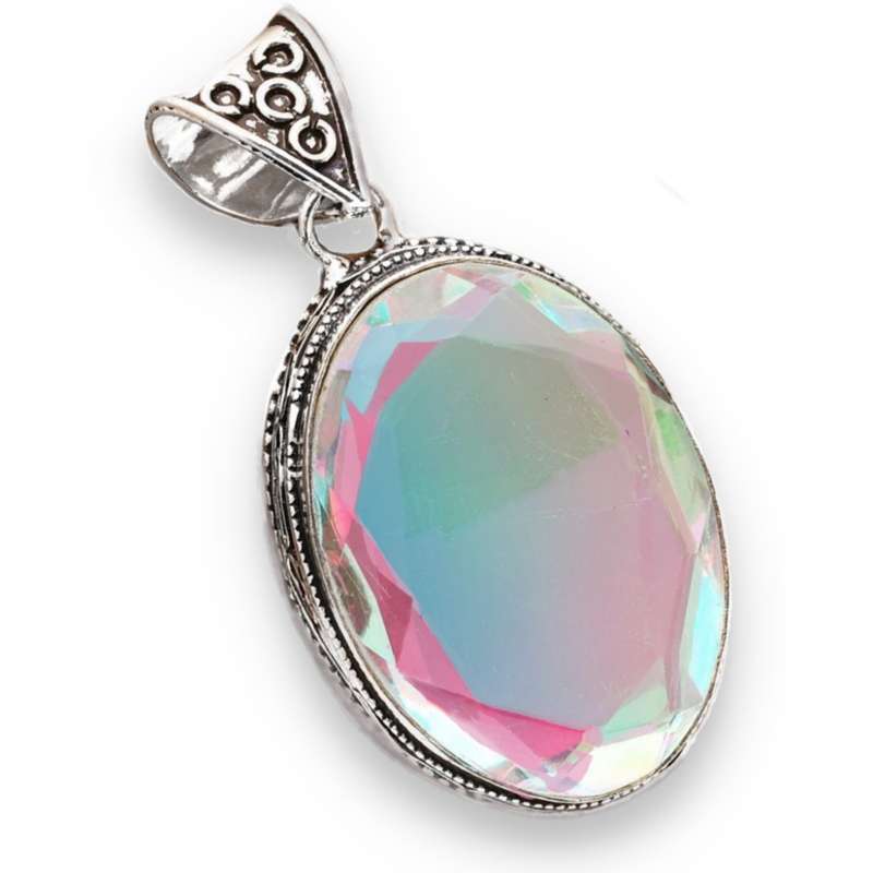 Aqua Pink Green Fire Topaz Oval in .925 Sterling Silver Plated Handmade Antique Style Pendant