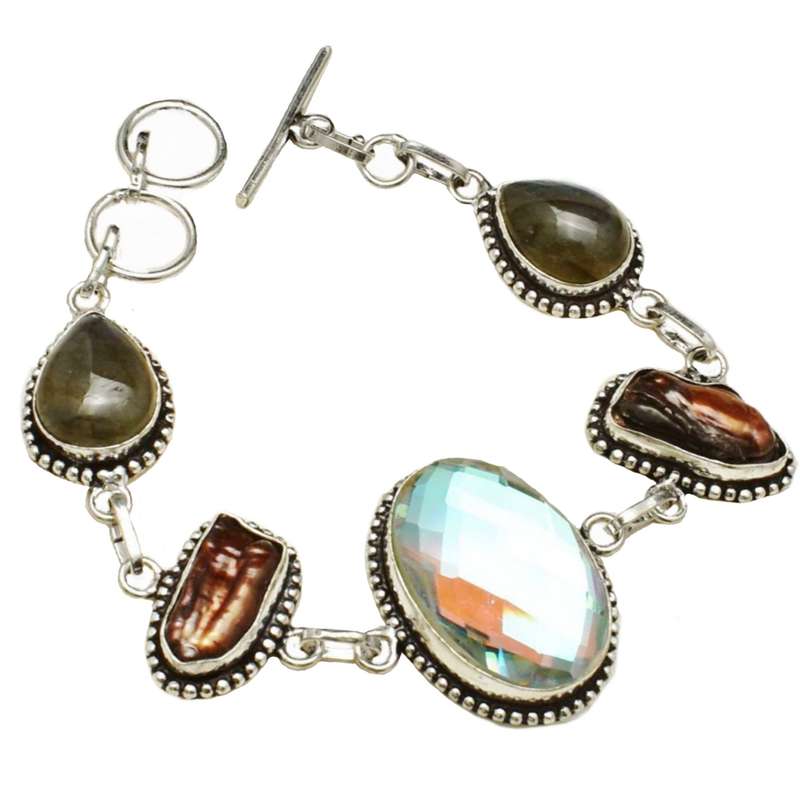 Rainbow Mystic Fire Topaz and Biwa Pearl set in .925 Sterling Silver Plated Handmade Bracelet