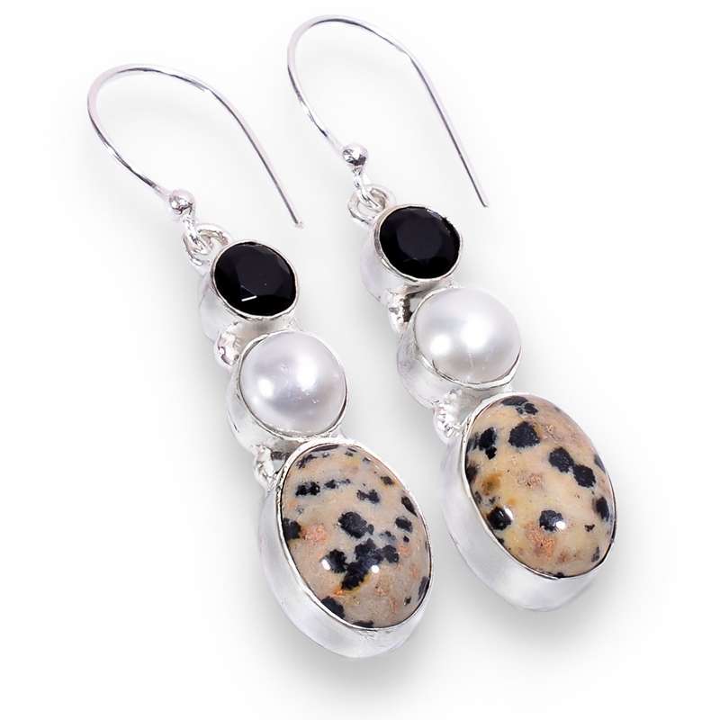 Natural Dalmation Jasper White Pearl and Black Onyx Gemstone .925 Sterling Silver Plated Earrings