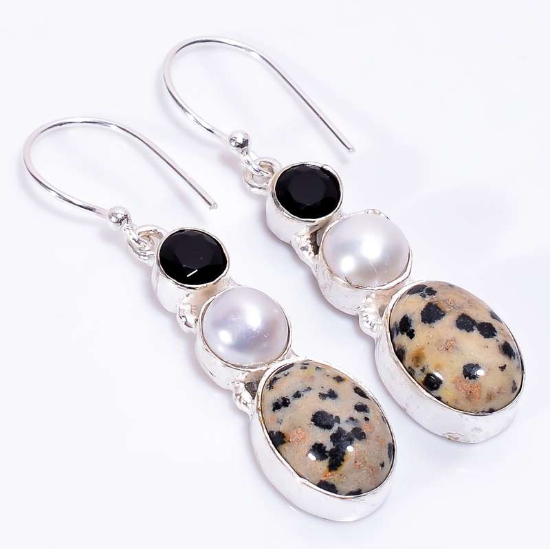 Natural Dalmation Jasper White Pearl and Black Onyx Gemstone .925 Sterling Silver Plated Earrings