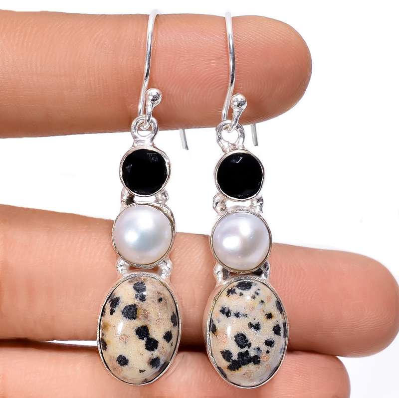 Natural Dalmation Jasper White Pearl and Black Onyx Gemstone .925 Sterling Silver Plated Earrings