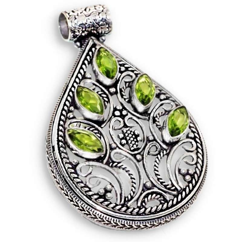 Peridot Marquise Shape Gemstones set in .925 Sterling Silver Plated Ornate Handmade Pendant