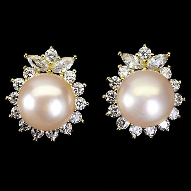 Deluxe Natural Creamy Pink Pearl White Cubic Zirconia Solid 925 Sterling Silver Stud Earrings