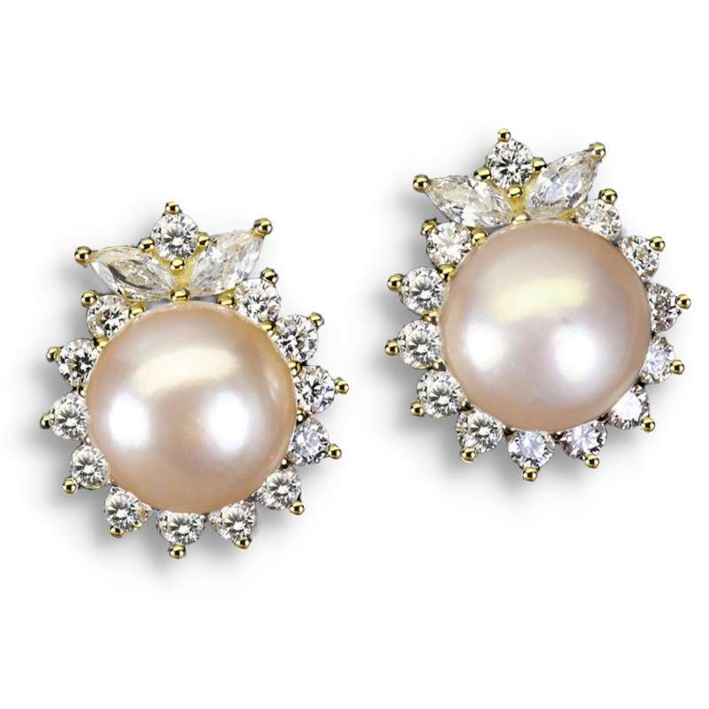 Deluxe Natural Creamy Pink Pearl White Cubic Zirconia Solid 925 Sterling Silver Stud Earrings