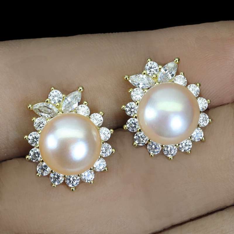 Deluxe Natural Creamy Pink Pearl White Cubic Zirconia Solid 925 Sterling Silver Stud Earrings