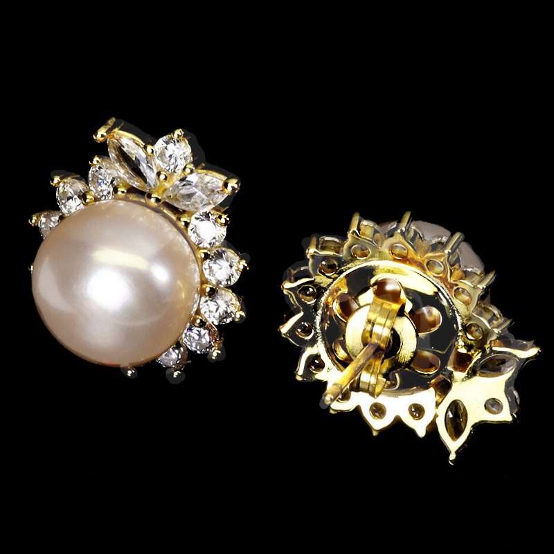 Deluxe Natural Creamy Pink Pearl White Cubic Zirconia Solid 925 Sterling Silver Stud Earrings