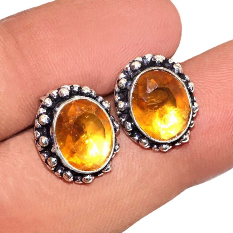Dainty Oval Golden Citrine Gemstone Antique Style 925 Sterling Silver Plated Stud Earrings