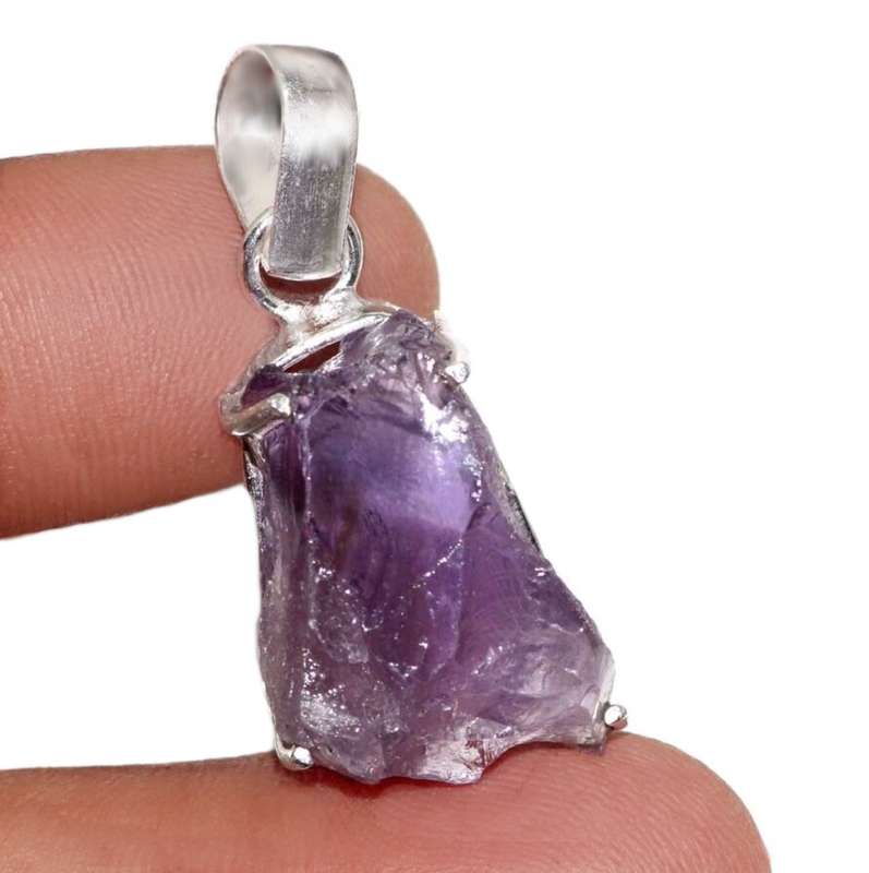 Natural Purple Amethyst Rough Dainty Gemstone 925 Sterling Silver Pendant