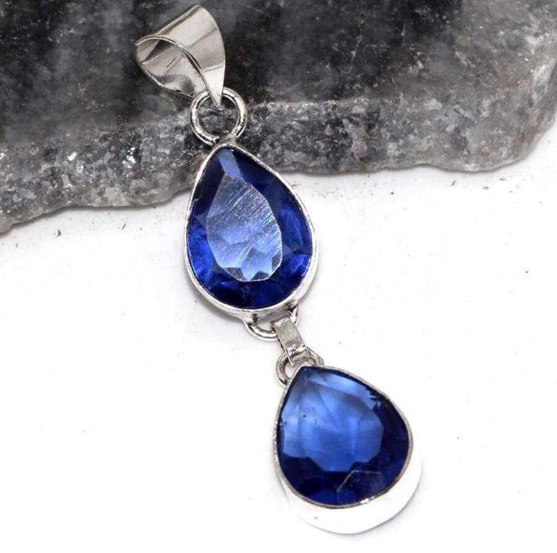 Sapphire Blue Quartz Double Pear Shape 925 Sterling Silver Plated Handmade Pendant