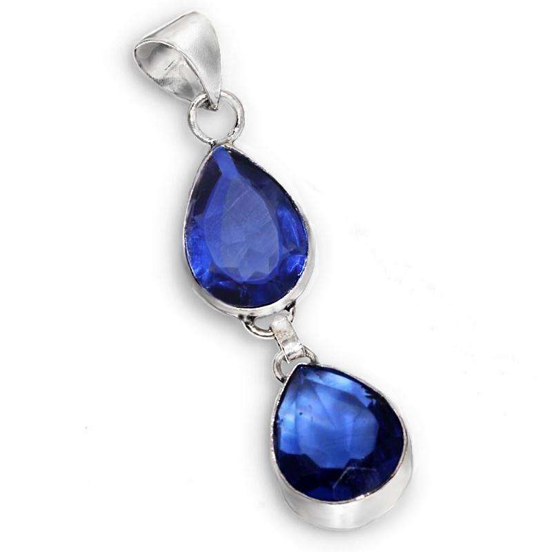 Sapphire Blue Quartz Double Pear Shape 925 Sterling Silver Plated Handmade Pendant
