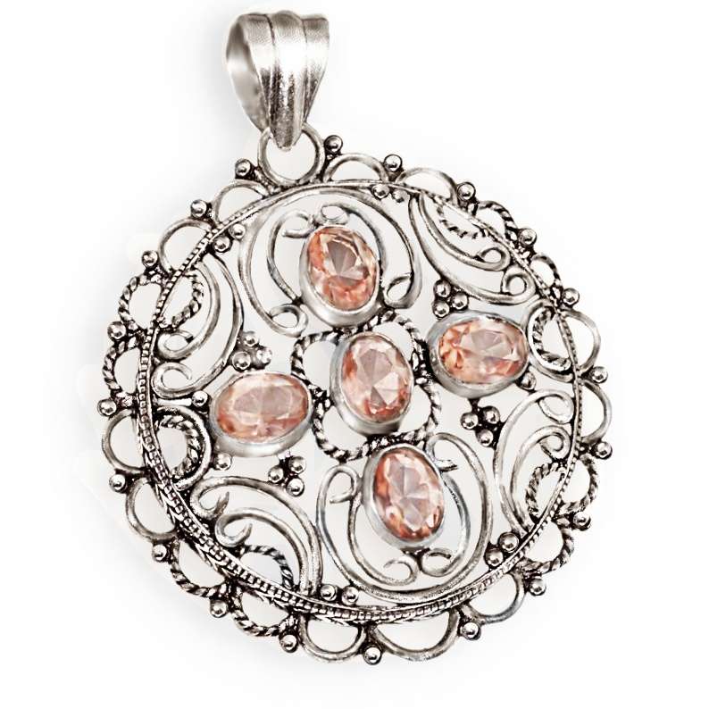 Antique Style Set Faceted Morganite Oval Gemstones .925 Sterling Silver Plated Handmade Pendant