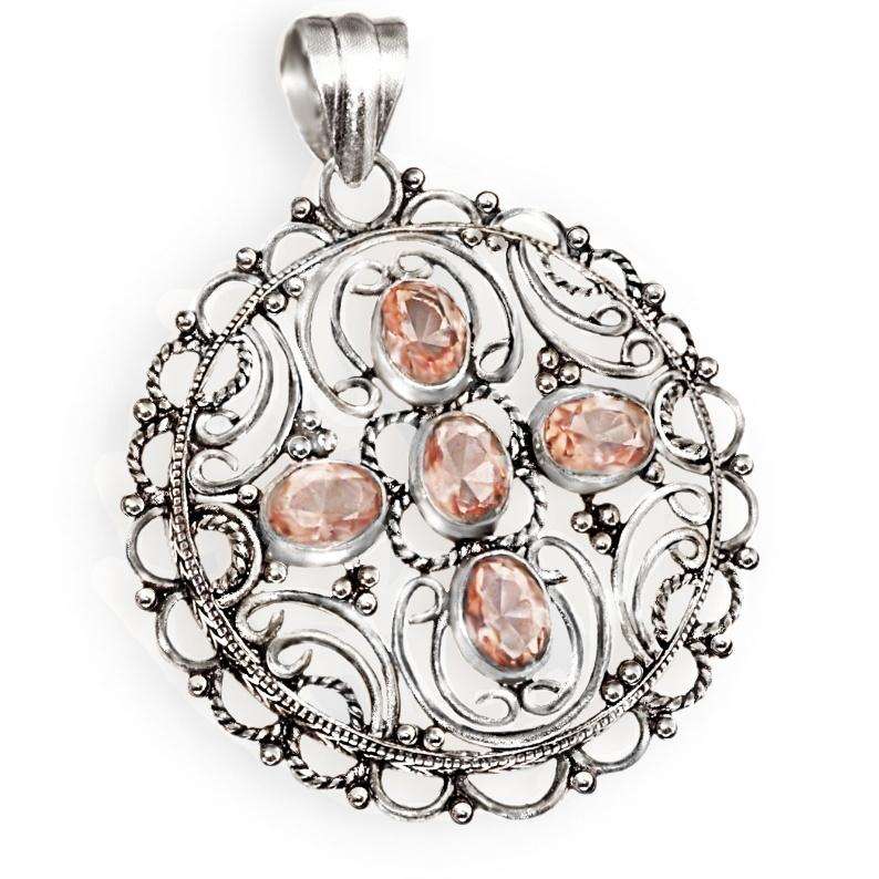 Antique Style Set Faceted Morganite Oval Gemstones .925 Sterling Silver Plated Handmade Pendant