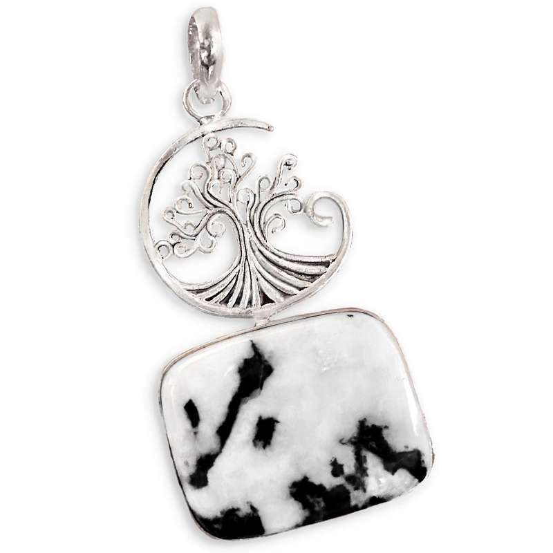 Natural White Buffalo Turquoise Gemstone set in .925 Sterling Silver Plated Tree of Life Pendant