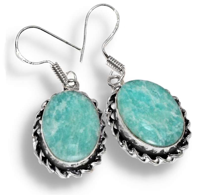 Natural Amazonite Oval Gemstone set in .925 Sterling Silver Plated Antique Style Earrings
