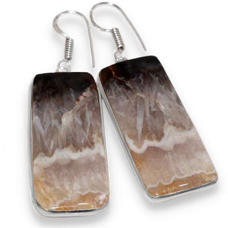 Natural Stick Agate Rectangle Gemstone set in .925 Sterling Silver Plated Handmade Earrings