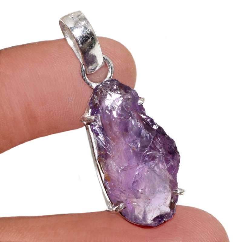 Natural Purple Amethyst Rough Gemstone 925 Sterling Silver Pendant