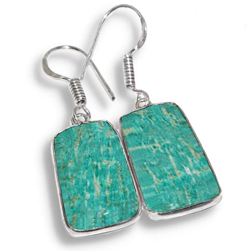 Natural Peruvian Amazonite Rectangle Gemstone  in.925 Sterling Silver Plated Handmade Earrings