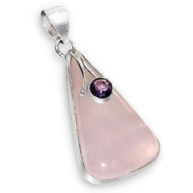 Natural Pink Rose Quartz , Purple Amethyst Mixed Shape Gemstones .925 Sterling Silver Plated Pendant