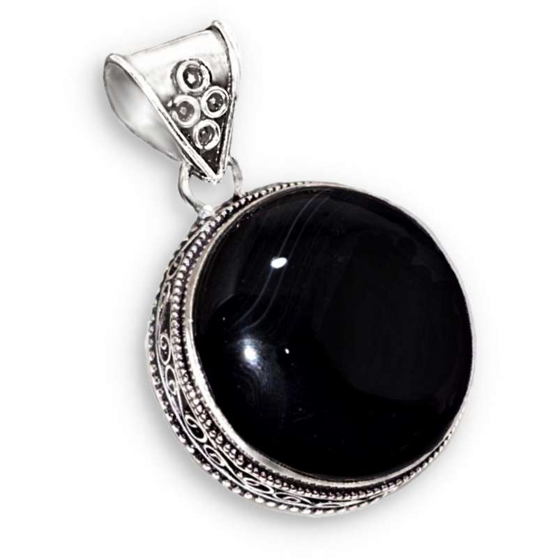 Antique Style Round Black Onyx Gemstone set in .925 Sterling Silver Plated Handmade Pendant