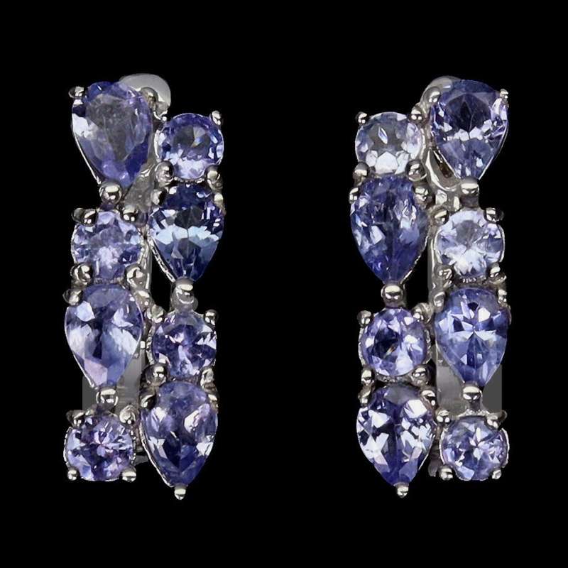 Deluxe Natural Unheated Tanzanite Gemstone Solid .925 Silver & White Gold Earrings