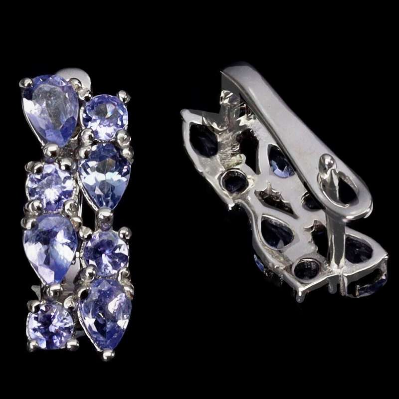Deluxe Natural Unheated Tanzanite Gemstone Solid .925 Silver & White Gold Earrings