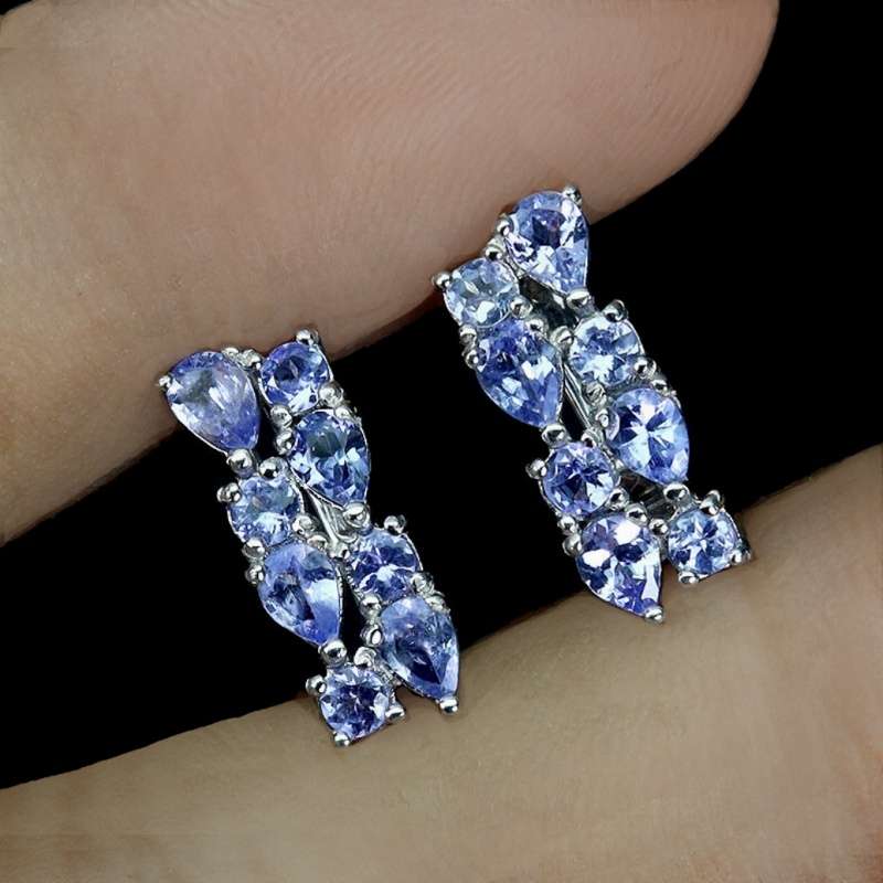 Deluxe Natural Unheated Tanzanite Gemstone Solid .925 Silver & White Gold Earrings