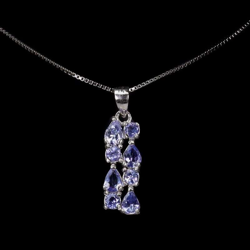 Deluxe Natural Unheated Tanzanite Mixed Shape Gemstone Solid .925 Silver & White Gold Necklace
