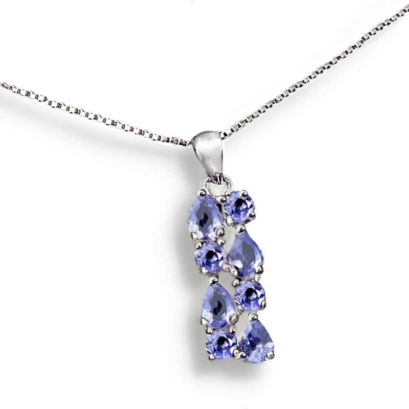 Deluxe Natural Unheated Tanzanite Mixed Shape Gemstone Solid .925 Silver & White Gold Necklace
