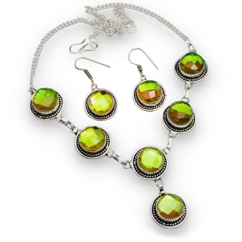 Mystic Fire Topaz Gemstone .925 Sterling Silver Plated Handmade Necklace and Earrings Set