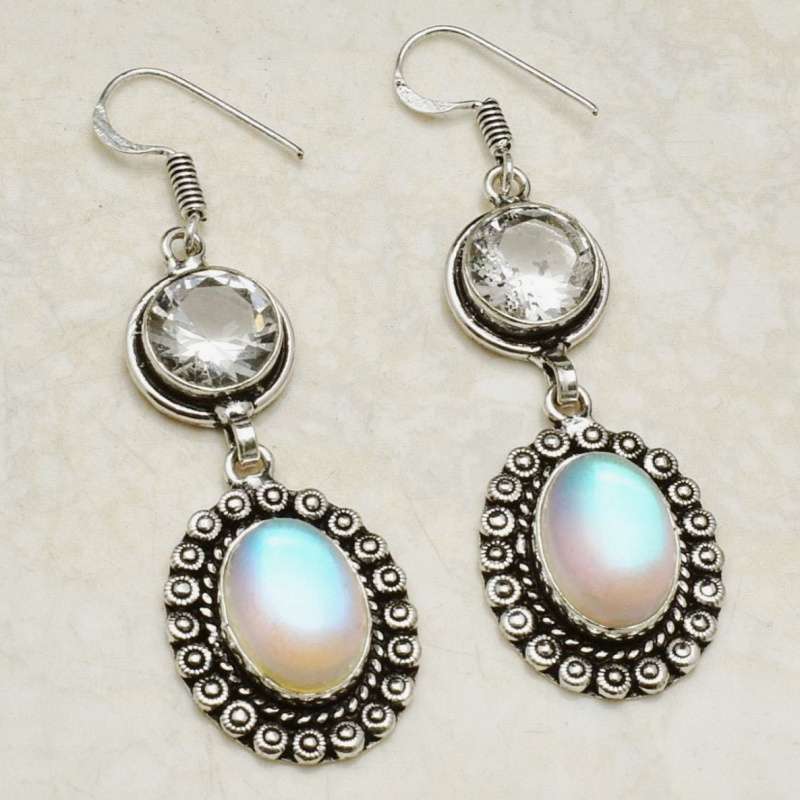 Aqua Pink Mystic Fire Topaz Oval and White Topaz in .925 Sterling Silver Plated  Handmade Earrings
