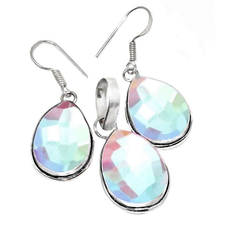 Aqua PInk Mystic Fire Topaz Pears in .925 Sterling Silver Plated Handmade Pendant and Earrings  Set