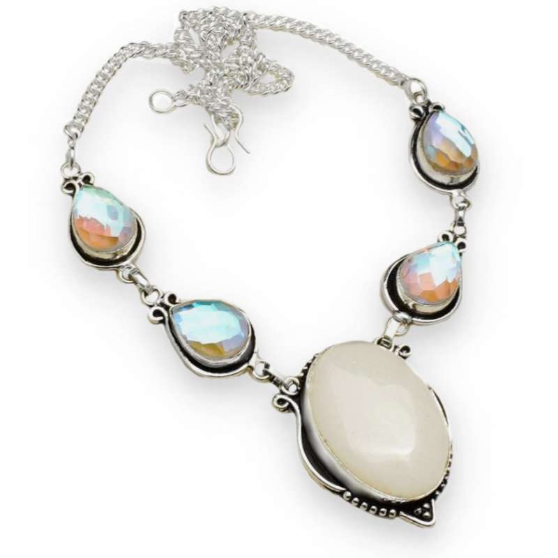 Handmade Aqua PInk Mystic Fire Topaz Pears .925 Sterling Silver Plated Handmade Necklace