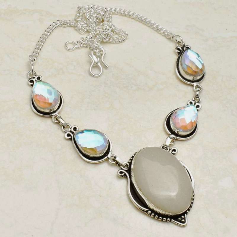 Handmade Aqua PInk Mystic Fire Topaz Pears .925 Sterling Silver Plated Handmade Necklace