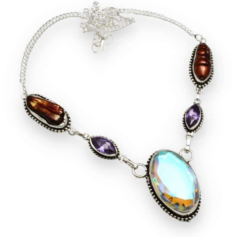 Aqua PInk Mystic Fire Topaz Purple Amethyst and Biwa Pearl .925 Sterling Silver Plated Necklace