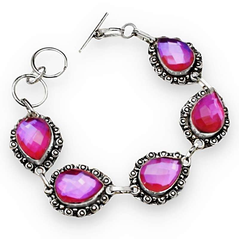 Pink Mystic Fire Topaz Pear Shapes in Stamped .925 Sterling Silver Plated Antique Style Bracelet