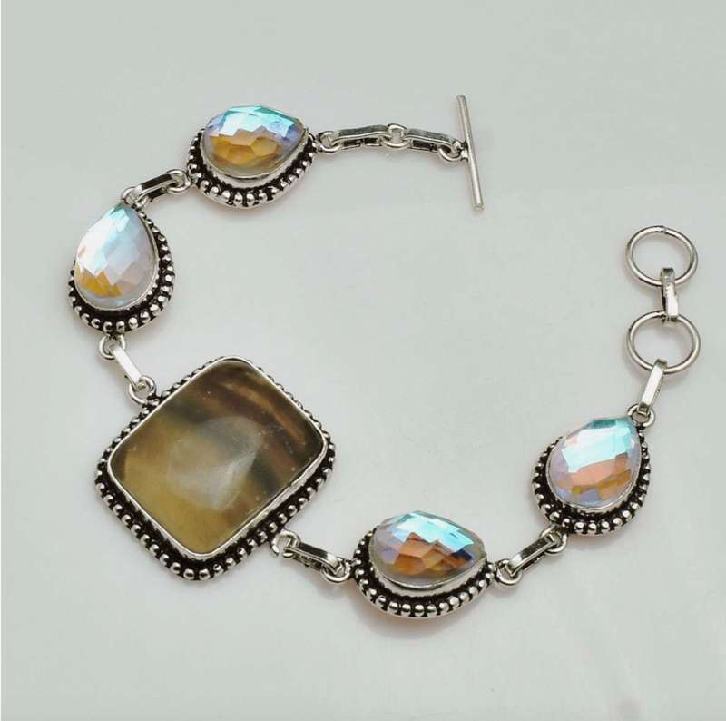 Rainbow Mystic Fire Topaz and Fluorite Gemstone in .925 Sterling Silver Plated Handmade Bracelet