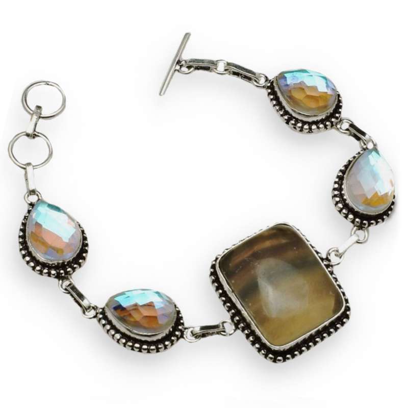 Rainbow Mystic Fire Topaz and Fluorite Gemstone in .925 Sterling Silver Plated Handmade Bracelet