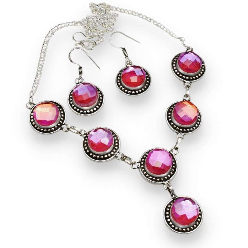 Pink Mystic Fire Topaz in Hallmarked .925 Sterling Silver Plated Handmade Necklace and Earrings Set