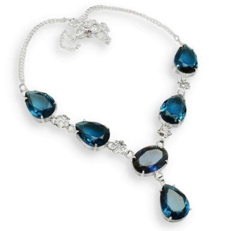 Blue Apatite Pears and Oval set in .925 Sterling Silver Plated Antique Style Necklace