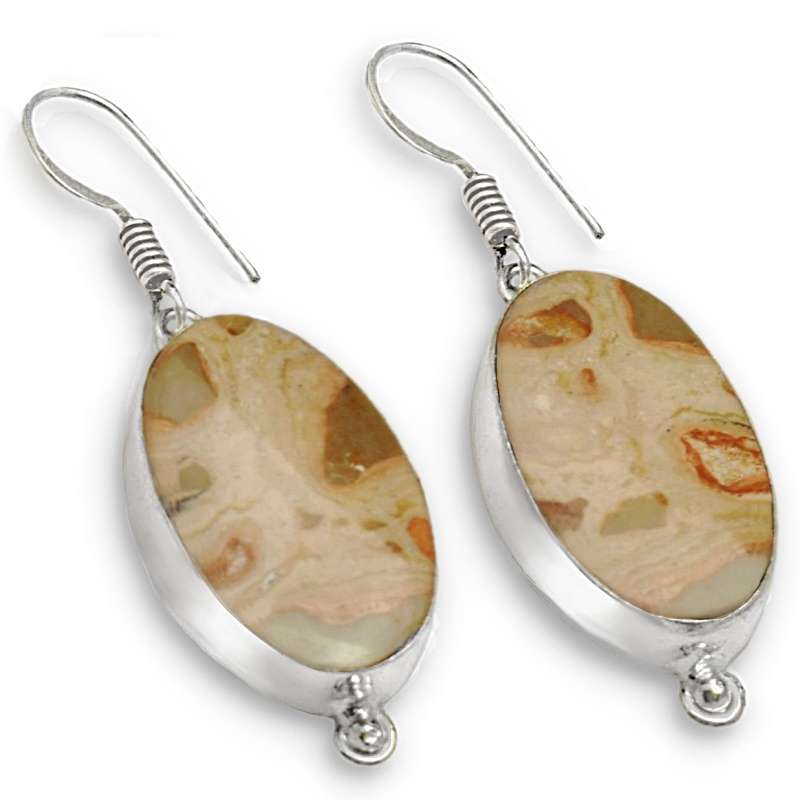 Natural Leopard Skin Jasper Oval Gemstone set in .925 Sterling Silver Plated Handmade Earrings