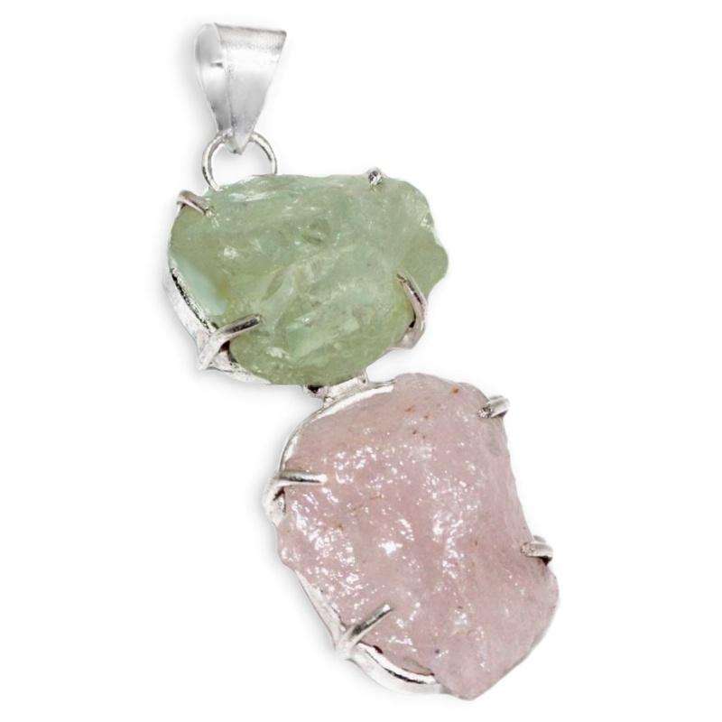 Handmade Natural Rough Rose Quartz and Green Amethyst Gemstone 925 Sterling Silver Plated Pendant