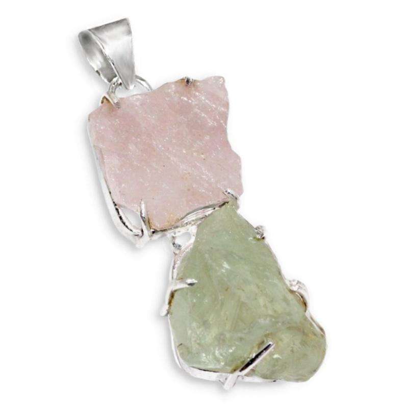 Handmade Natural Rough Green Amethyst and Rose Quartz Gemstone 925 Sterling Silver Plated Pendant