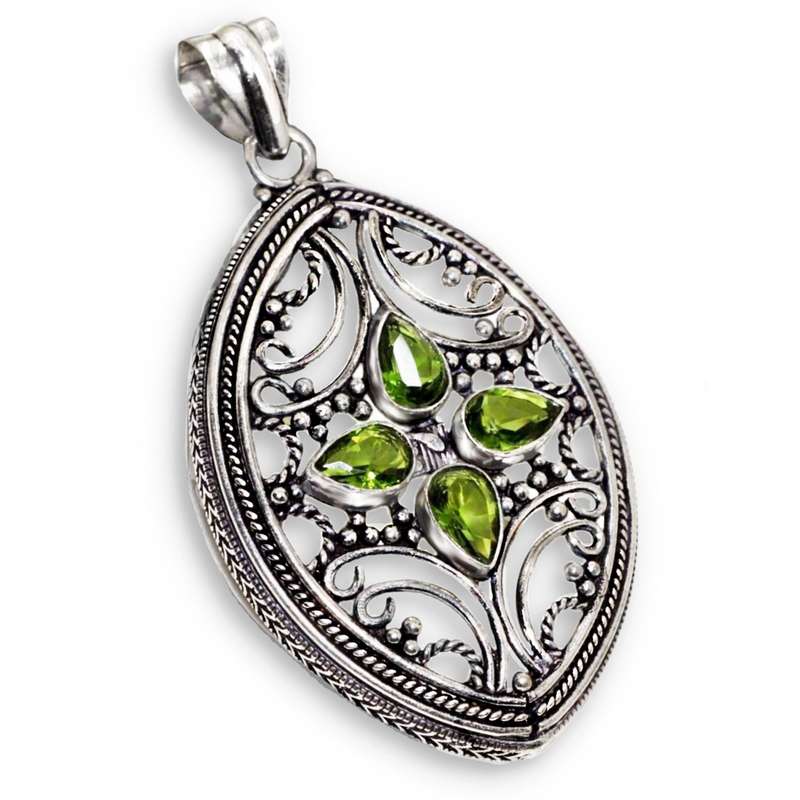 Peridot Pear Shape Gemstones set in .925 Sterling Silver Plated Ornate Handmade Pendant