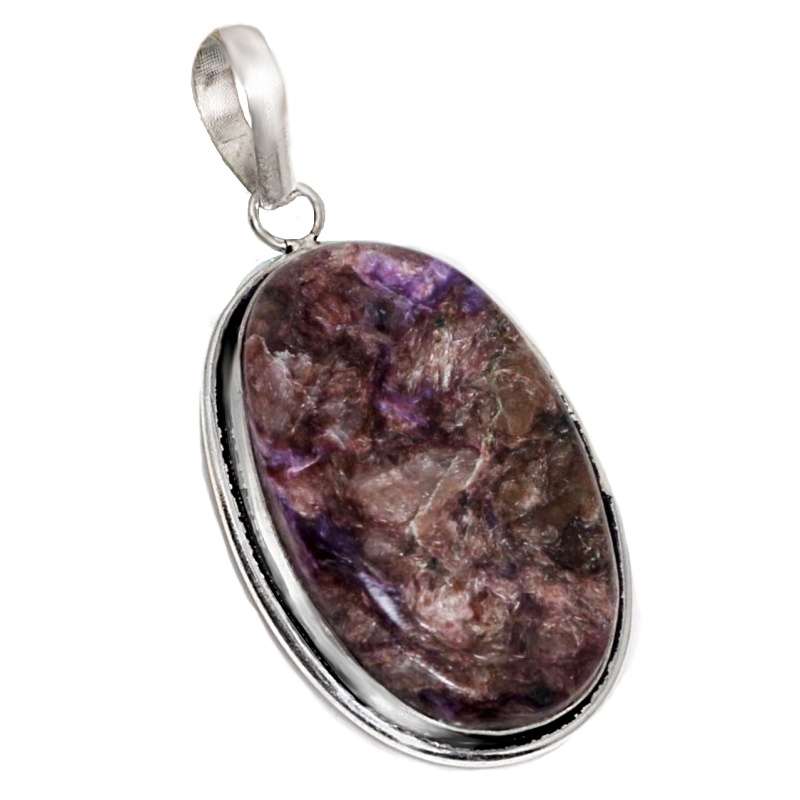 Natural Charoite Oval Gemstone set in .925 Sterling Silver Plated Handmade Pendant