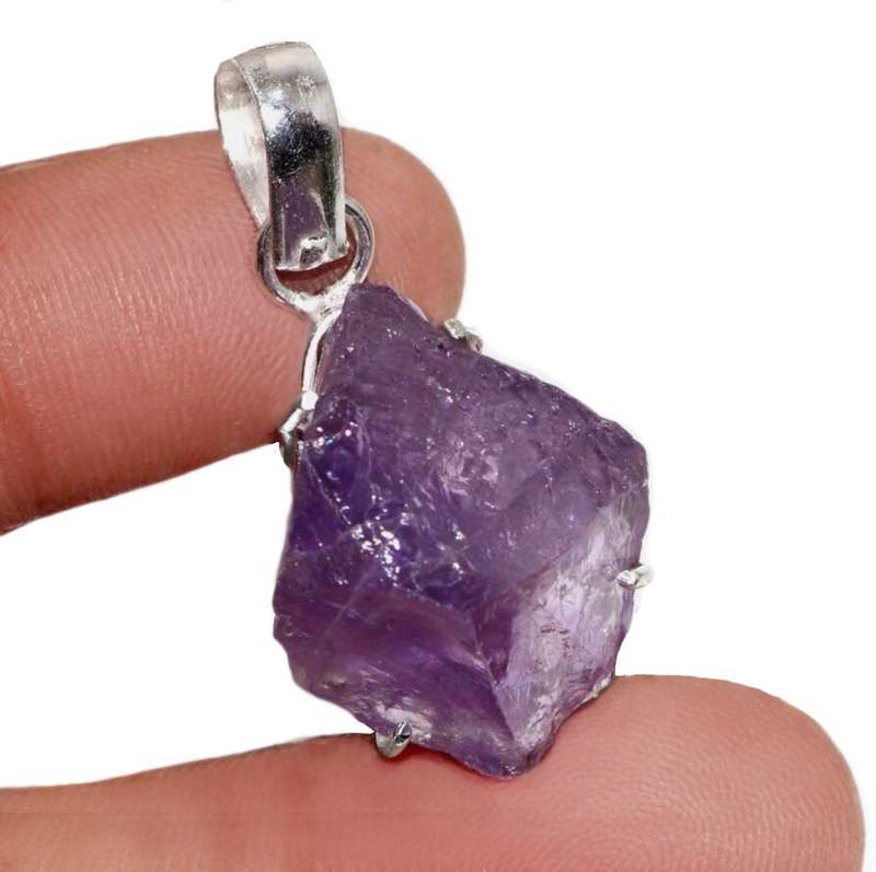 Natural Purple Amethyst Rough Gemstone set in 925 Sterling Silver Plated Handmade Pendant