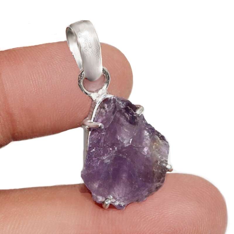 Dainty Natural Purple Amethyst Rough Gemstone 925 Silver Pendant