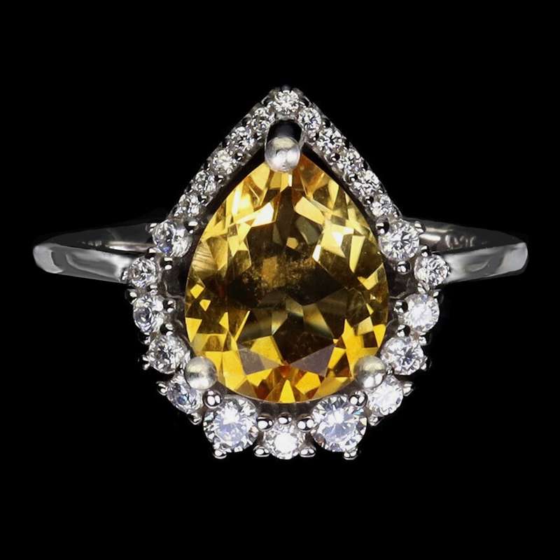 Natural Citrine Pear , AAA White Cubic Zirconia Solid .925 Silver,14K White Gold Ring Size 7 / O