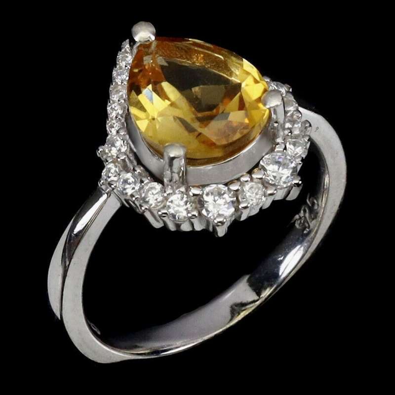 Natural Citrine Pear , AAA White Cubic Zirconia Solid .925 Silver,14K White Gold Ring Size 7 / O